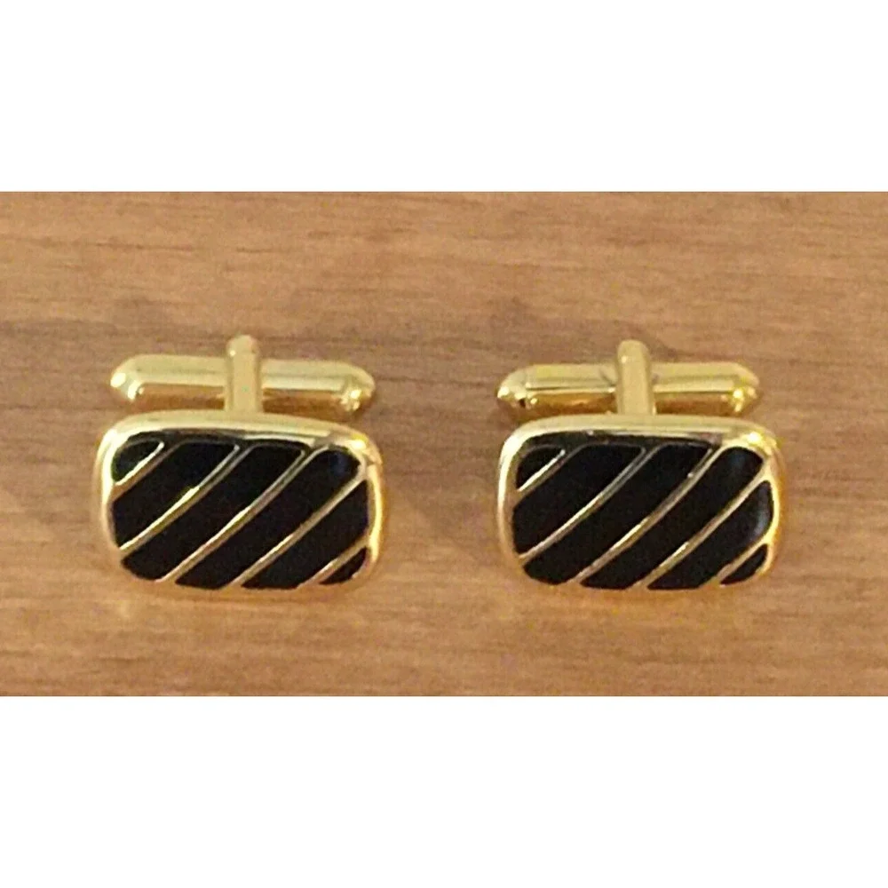 Vintage Goldtone Diagonally Striped Black/Gold Rectangular CUFFLINKS